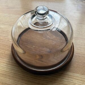 Vintage Teak Wood and Glass Domed Cheese Board With Glass Cloche